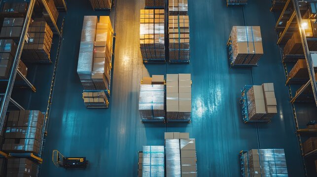 Automated guided vehicles efficiently navigating large industrial warehouse, transporting pallets of goods along marked paths, optimizing storage and supply chain operations