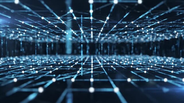 A futuristic abstract visualization depicts a complex network of interconnected nodes and lines, suggesting data flow and technological innovation.