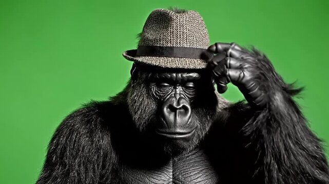 A gorilla wearing a stylish fedora hat, looking directly at the camera with a thoughtful expression against a vibrant green background.