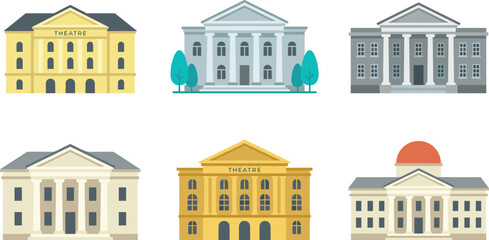 Classical Building Vector Set with Theaters and Government-Style Buildings Featuring Columns, Pediments, and Domes for Architecture, Education, and Landmark Illustrations. © Miss