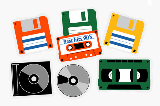 Vintage media icons featuring floppy disk cassettes and CDs isolated transparent background