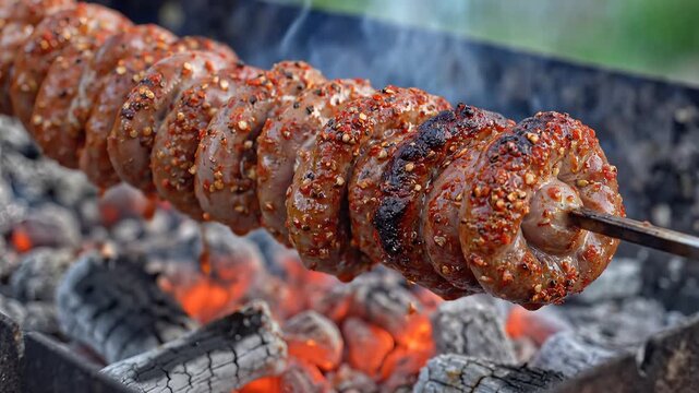 Delicious Adana Kebab Cooking Over Hot Coals on a Skewer.