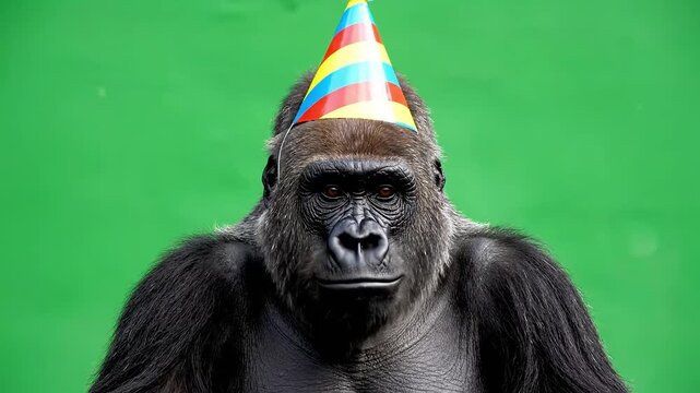 Gorilla wearing a colorful party hat against a vibrant green background, celebrating a special occasion.