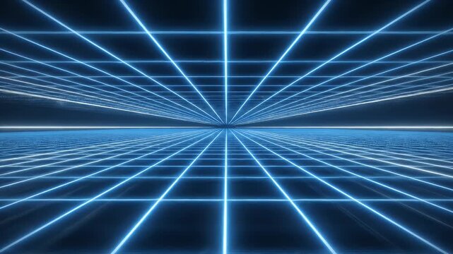 A futuristic, glowing grid stretches into the distance against a dark background, evoking a sense of digital space and technological advancement.