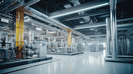 Obraz premium Industrial factory interior featuring extensive piping, complex machinery, and advanced equipment, representing modern manufacturing and production processes within a high tech facility