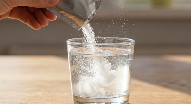 Hand pouring vitamin C powder from sachet into glass of water