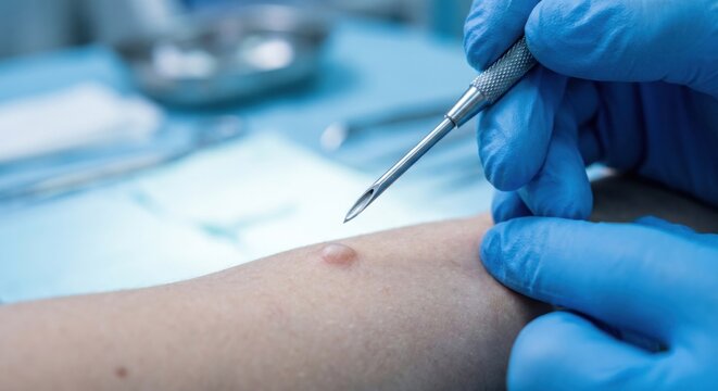 Medical lancet approaching skin cyst for treatment