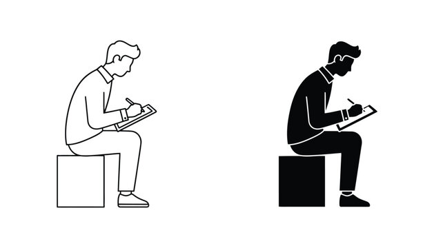 Man sitting on block writing on clipboard in clean line art and solid black silhouette illustration style