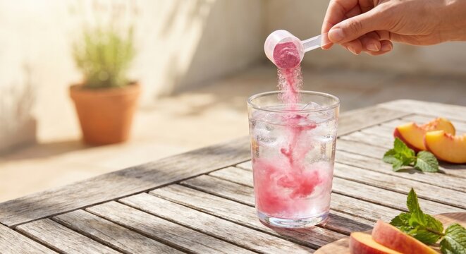 Pouring pink hydration supplement powder into glass of water