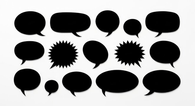 A collection of various solid black speech bubbles with different shapes and sizes arranged neatly over a plain bright white background, isolated, simple, empty