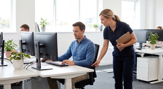 Office worker receiving ergonomic workstation assessment