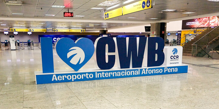 Sign with the abbreviation CWB for the city of Curitiba, the IATA code for Afonso Pena International Airport, S&atilde;o Jos&eacute; dos Pinhais, Paran&aacute;, southern Brazil.