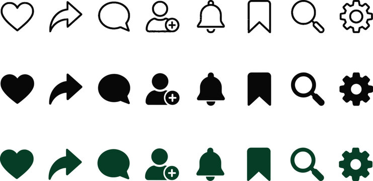 Social media and user interface icons for engagement and navigation with magnifying glass notification bookmark settings interface collection pictogram communication navigation interactive