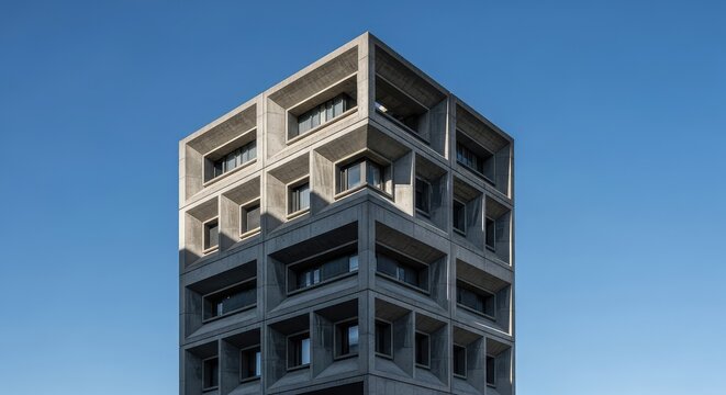 A massive brutalist concrete structure features repetitive geometric patterns and sharp shadows under a clear blue sky in broad daylight, functionalism, lines, block