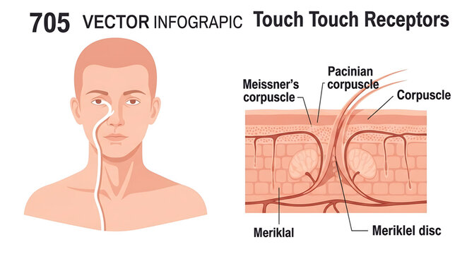 Infographic illustration of human skin touch receptors including meissners corpuscle, pacinian corpuscle, and merkel discs