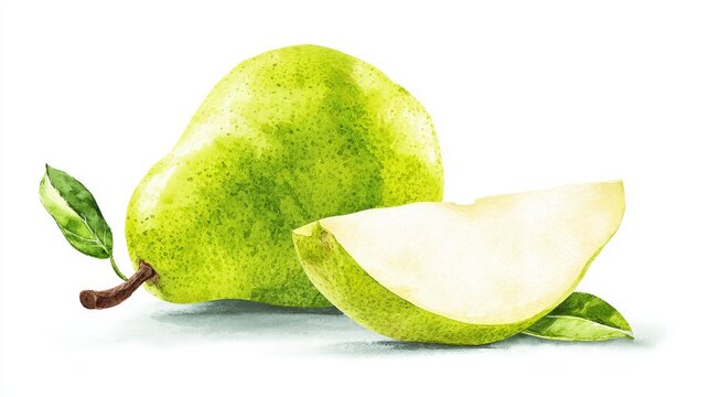 Watercolor botanical artwork of whole green pear and cut pear wedge on plain white backdrop with soft shadow and airy minimalist layout