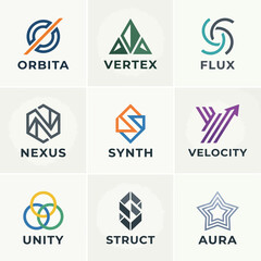 Modern Tech Logo Collection Orbita Vertex Flux Nexus Synth Velocity Abstract Geometric Business Identity Vector Pack © Kane