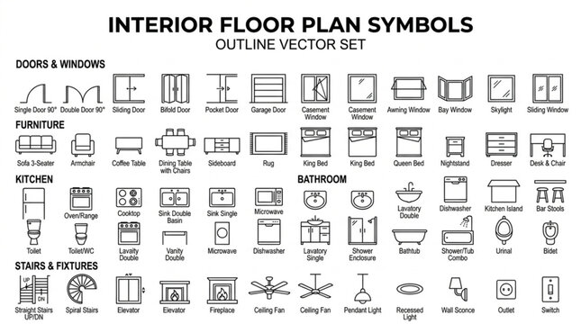 Interior Floor Plan Symbols Outline Vector Set.