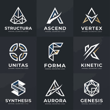 Dark Premium Geometric Logo Collection Structura Ascend Vertex Unitas Forma Kinetic Aurora Genesis Abstract Vector Brand