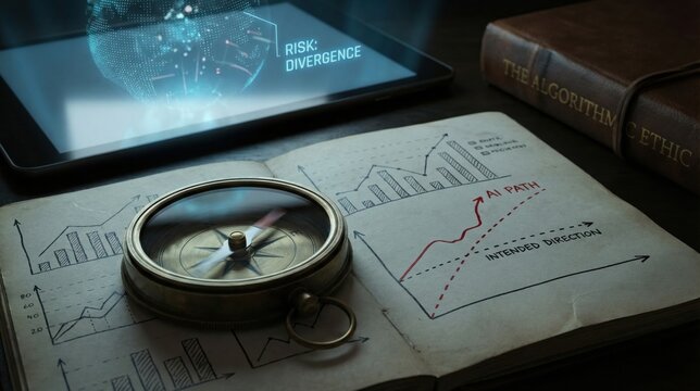 AI path alignment problem concept with compass and charts showing risk divergence and intended direction for strategic planning