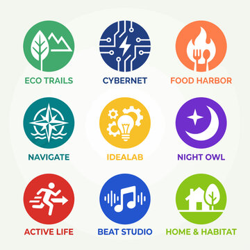 Circular Brand Logo Set Eco Trails Cybernet Food Harbor Navigate Idealab Night Owl Colorful Emblem Vector Pack