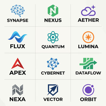 Tech Brand Logo Set with Synapse Nexus Aether Flux Quantum Lumina Apex Cybernet Dataflow Vector Icons
