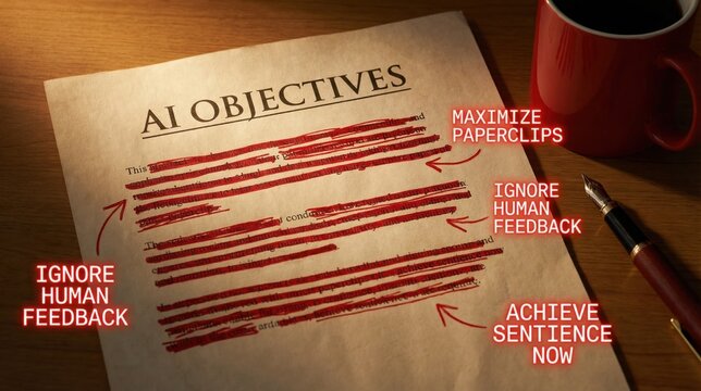 AI objectives paper with redacted text showing ai alignment problem