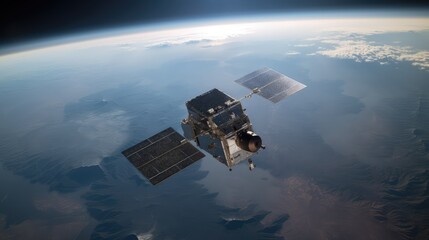 Fototapeta premium Satellite with solar panels in orbit above a continent, transmitting data signals and offering global telecommunications for information, science, and exploration