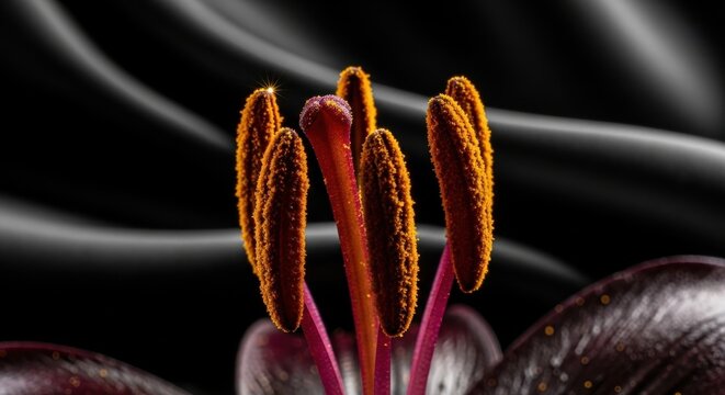 Macro view of a lily flower's anther covered in fine golden pollen dust against a dark background