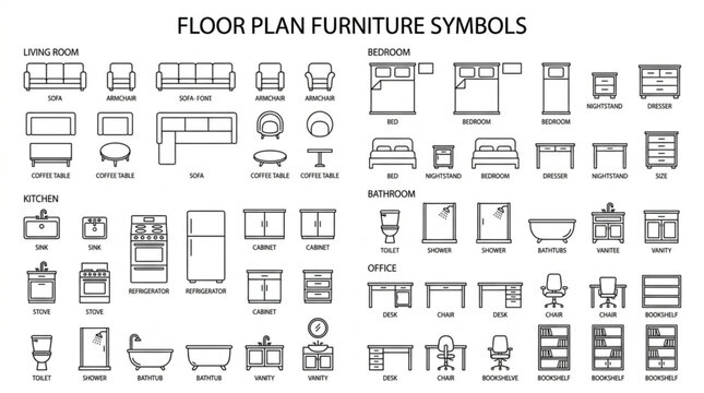 Collection of floor plan furniture symbols for architectural design.