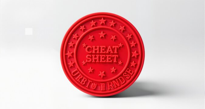 Professional circular red cheat sheet rubber stamp with star elements for educational quick reference guides
