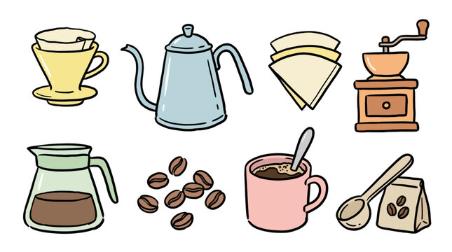 A charming collection of kitchenware and coffee-making essentials illustratively arranged for cozy mornings