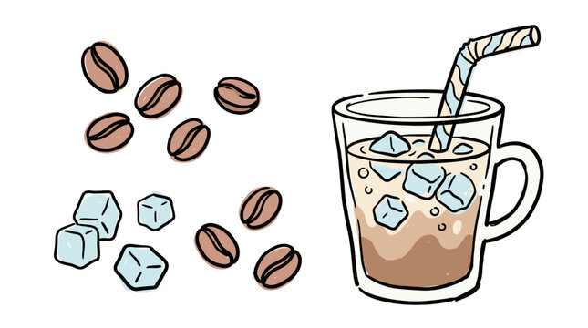 Coffee flavored beverage with ice cubes and a striped straw in a clear glass 50s-style illustration for refreshing drink designs