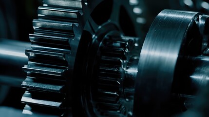 Fototapeta premium Close up view of interconnected metallic gears and shafts forming a complex mechanical system, highlighting precision engineering and industrial technology