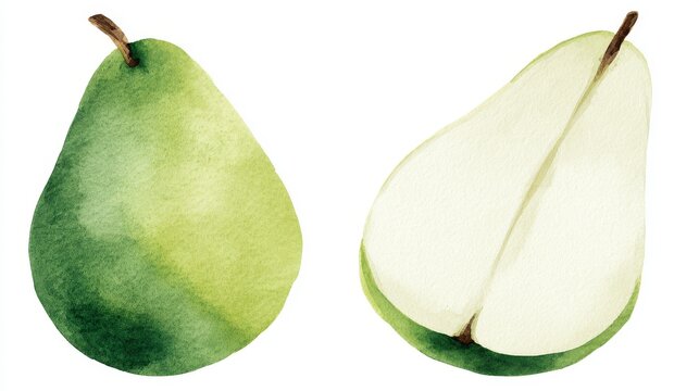 Watercolor botanical artwork of whole green pear and cut pear wedge on plain white backdrop with soft shadow and airy minimalist layout