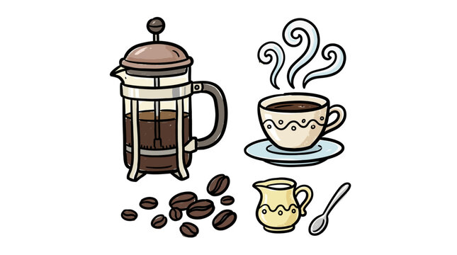 Illustration of coffee-making essentials including a French press, steaming cup, coffee beans, sugar container, and teaspoon in