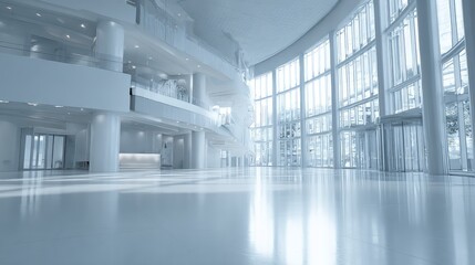 Naklejka premium Bright spacious corporate lobby with towering glass walls, high ceiling and sleek reception desk, minimalist contemporary design flooded with daylight and polished reflections