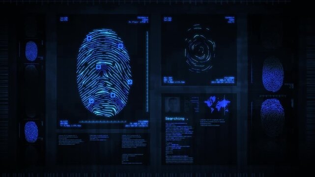 Digital Fingerprint Scanning Interface With Biometric Data Visualization Representing Identity Verification Security Systems And Advanced Technology For Authentication