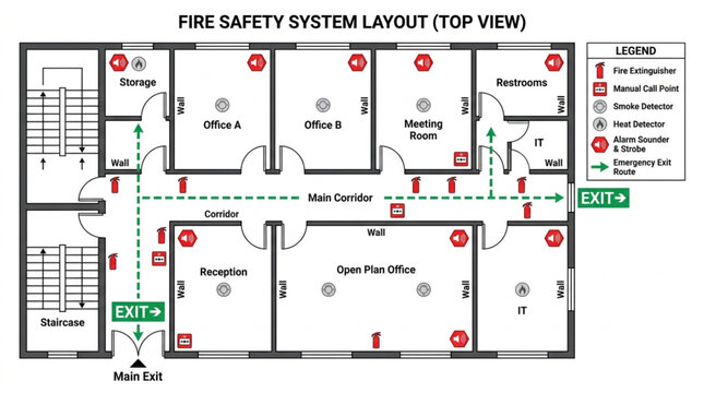 Fire Safety System Layout Top View of Office Building.