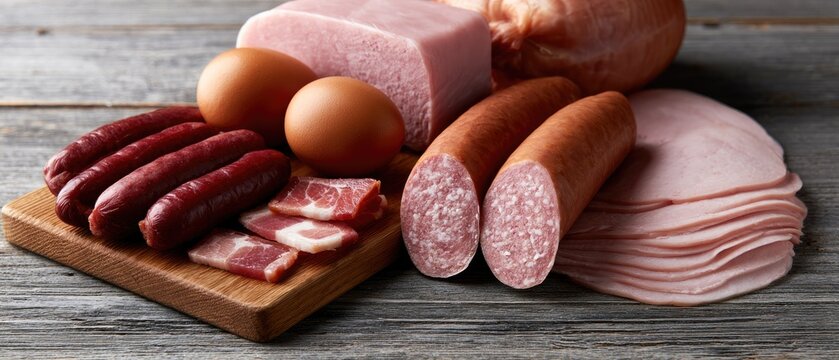 Collection of uncooked and cured meats with eggs displayed on a rustic wooden table in natural light
