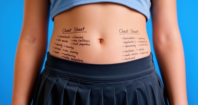 A cheat sheet written on a girl's stomach in a modern classroom