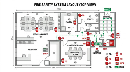 Fire Safety System Layout Top View Blueprint. © Singa