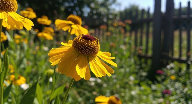 Sun-kissed golden helenium flower in a lush garden with soft sunlight and green foliage