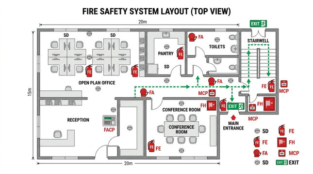Fire Safety System Layout Top View Blueprint.