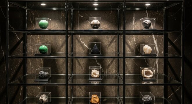 Elegant display shelving unit showcasing an exquisite collection of natural mineral specimens and geodes illuminated within a luxurious interior setting.