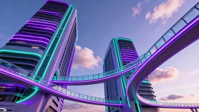 Futuristic sky bridges and glowing towers