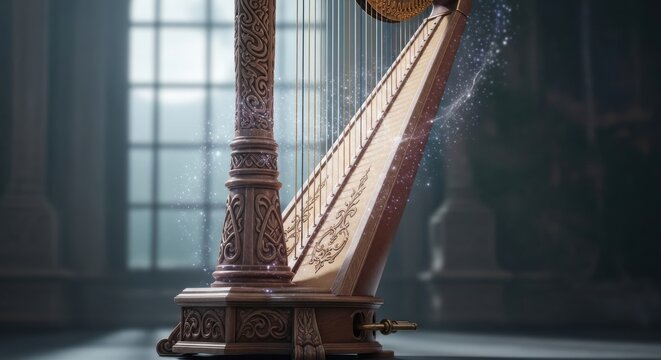 An exquisitely carved wooden harp with gleaming golden strings, an ancient musical instrument detailed with intricate patterns, ready to produce melodic sounds.