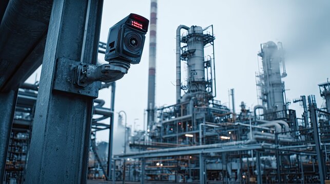 Modern surveillance camera providing constant safety and security monitoring across a large industrial complex, protecting critical infrastructure and operations