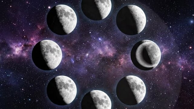 Moon Phases Cycle in Outer Space with Stars and Nebula - Astronomical