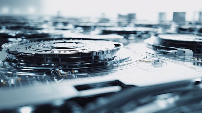 Computer hard drive internals with spinning platters and readwrite heads working in a server environment, symbolizing advanced data processing and future technology